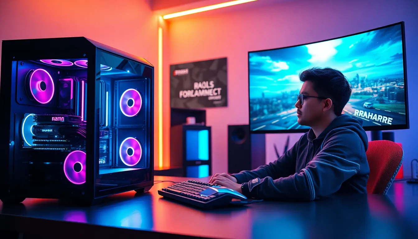 gamer at a modern PC with vibrant lighting and high-performance setup.