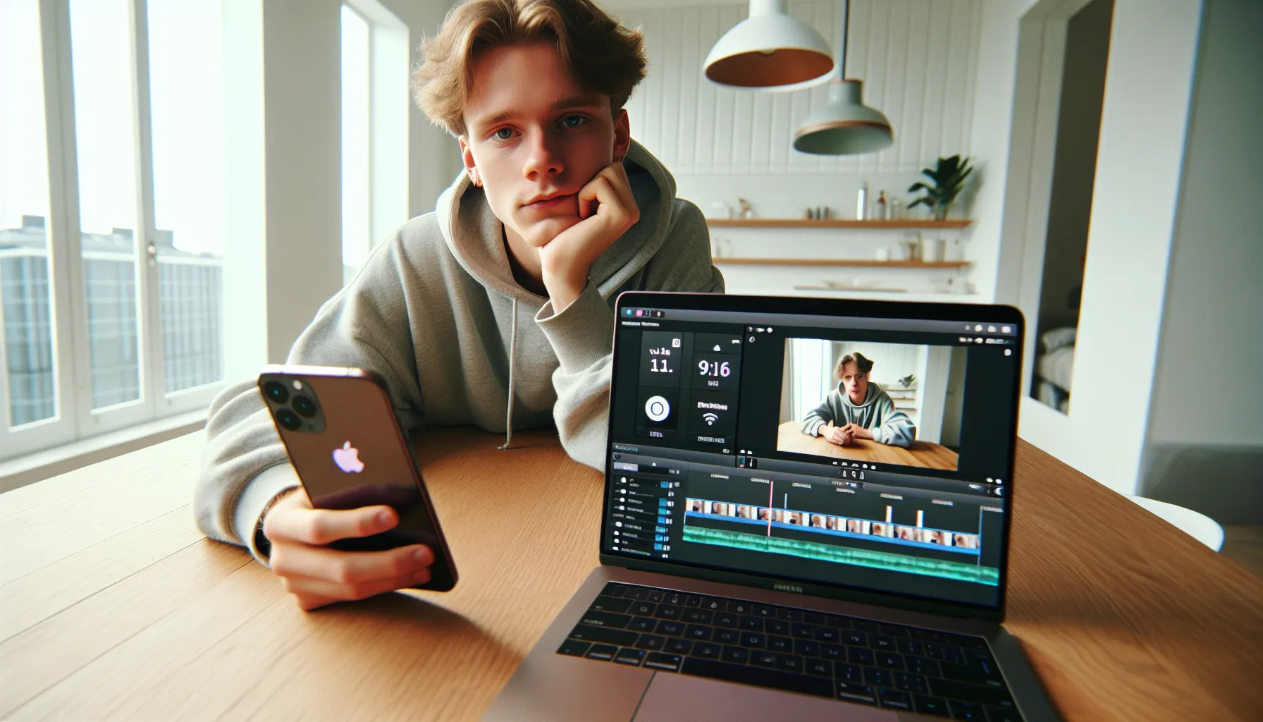 Young norwegian creator edits vertical tiktok video with music on laptop and phone.