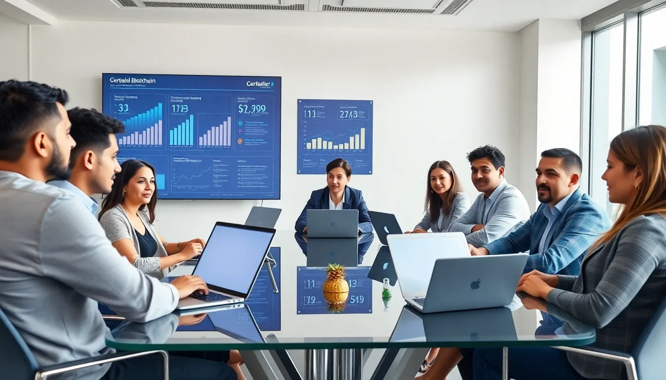 diverse team discussing centralized blockchain in a modern office.