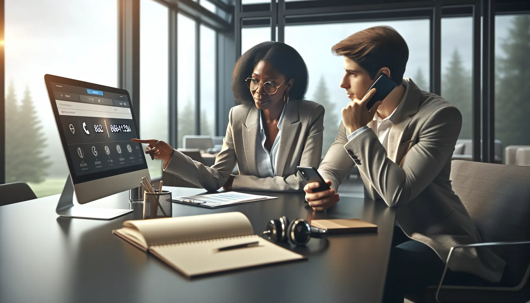 diverse team discussing at a laptop displaying the number 8668413268.