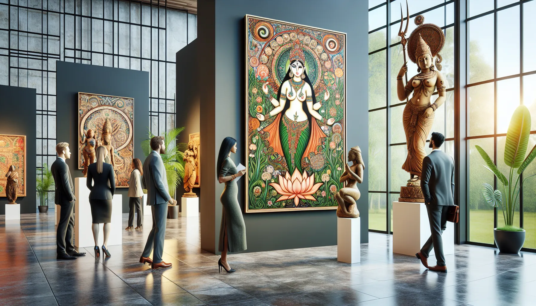 Artistic representation of Gowthalamma in a modern gallery setting.