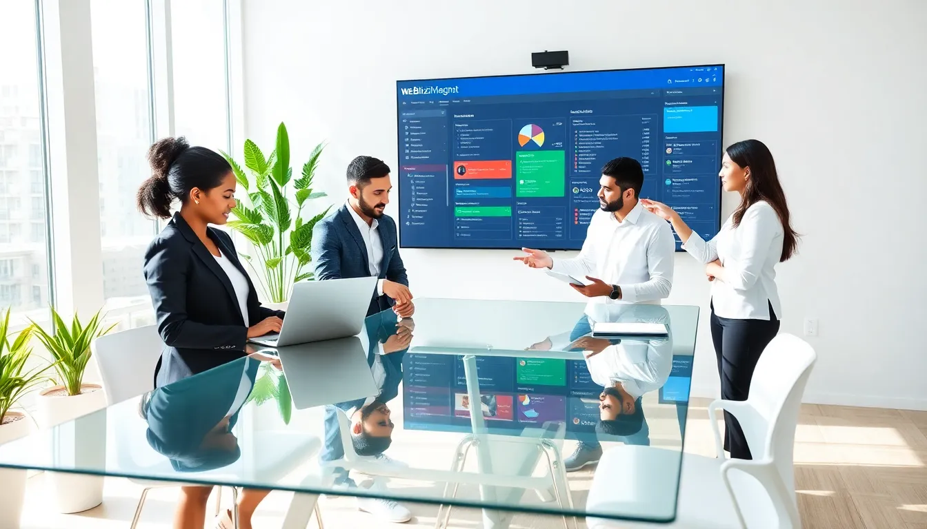 diverse team collaborating around a high-tech table, showcasing software innovations.