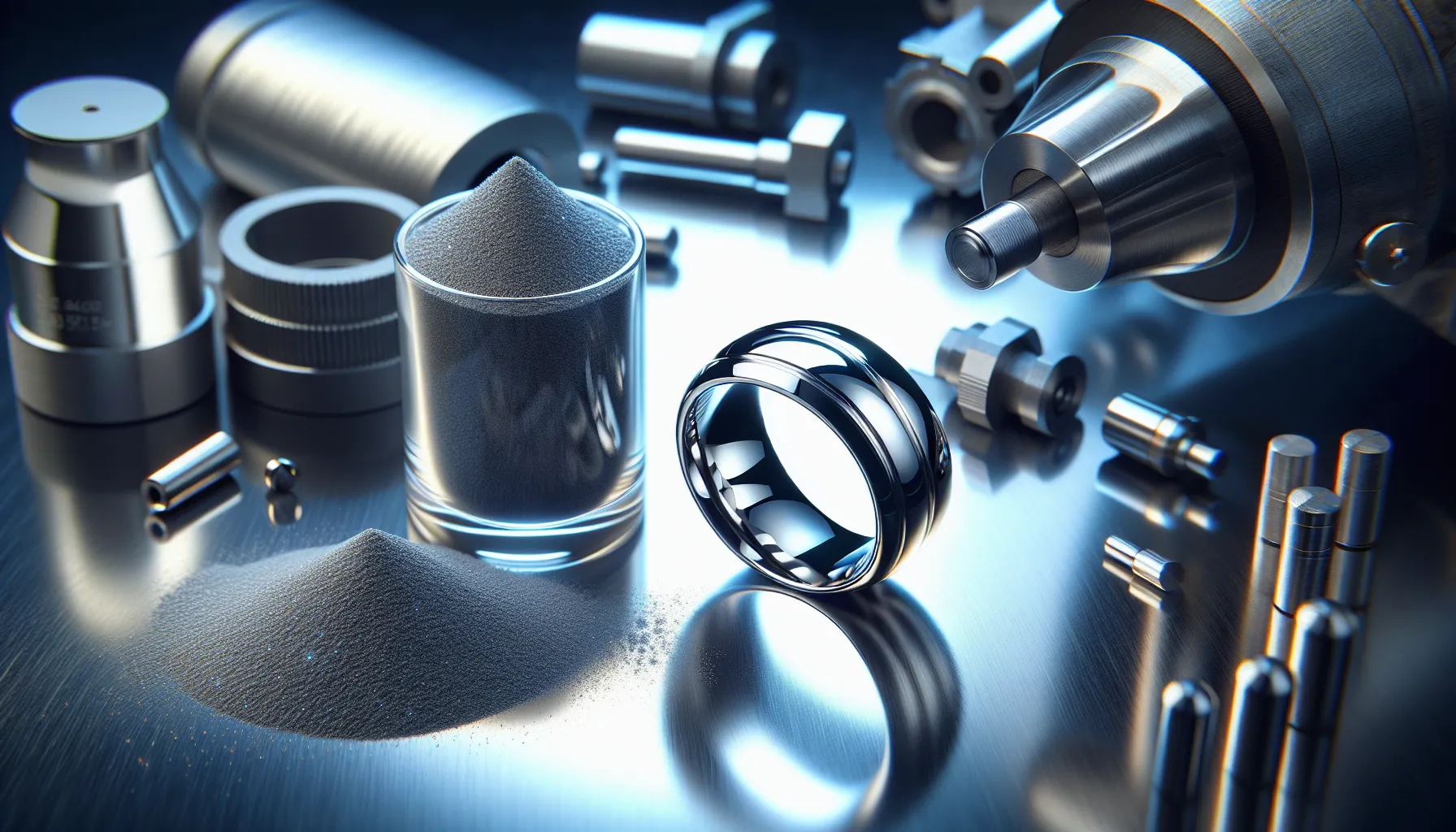 A polished tungsten ring with industrial tools in the background.