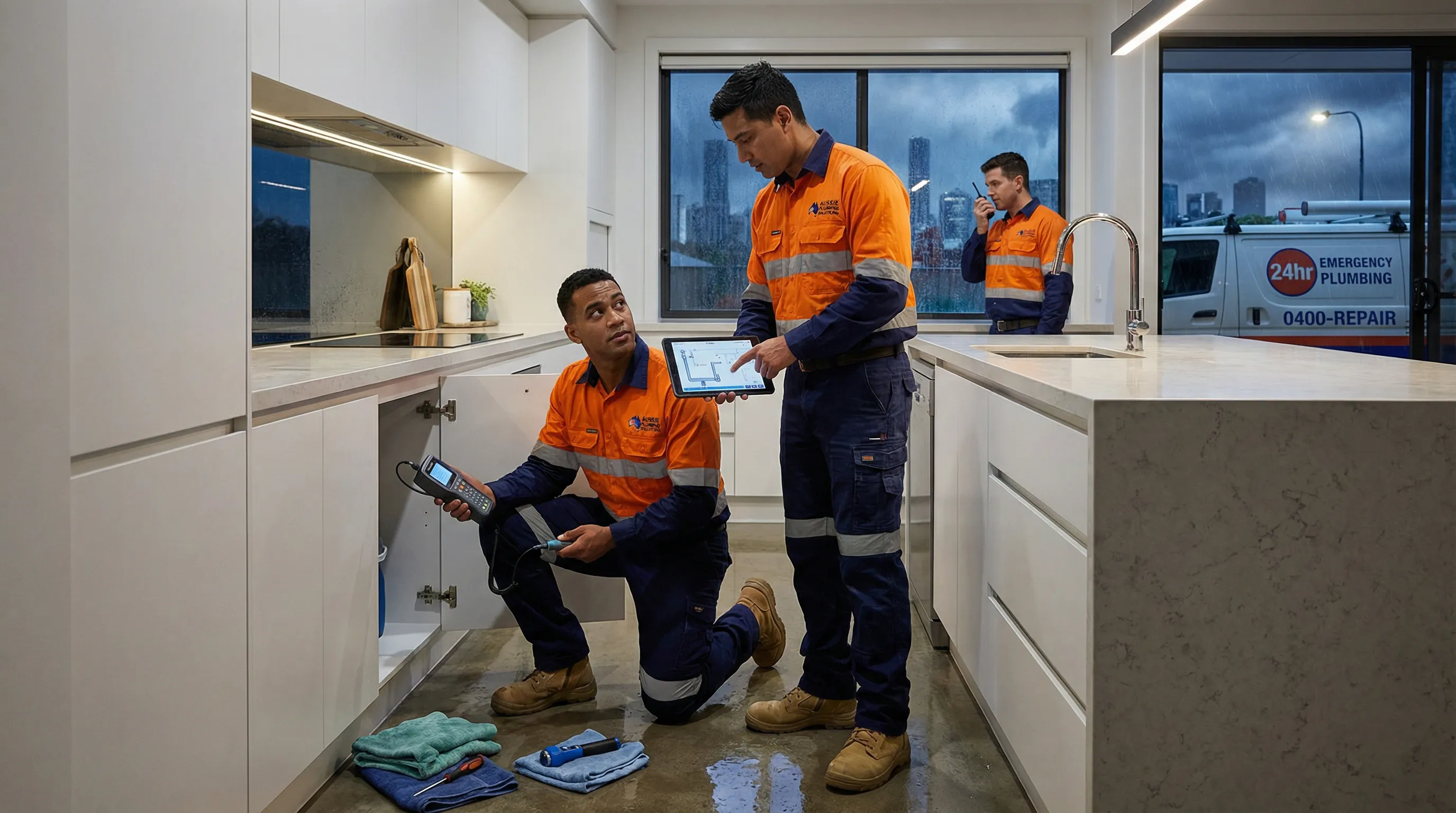 plumbers repairing a burst pipe in a modern Brisbane home at night