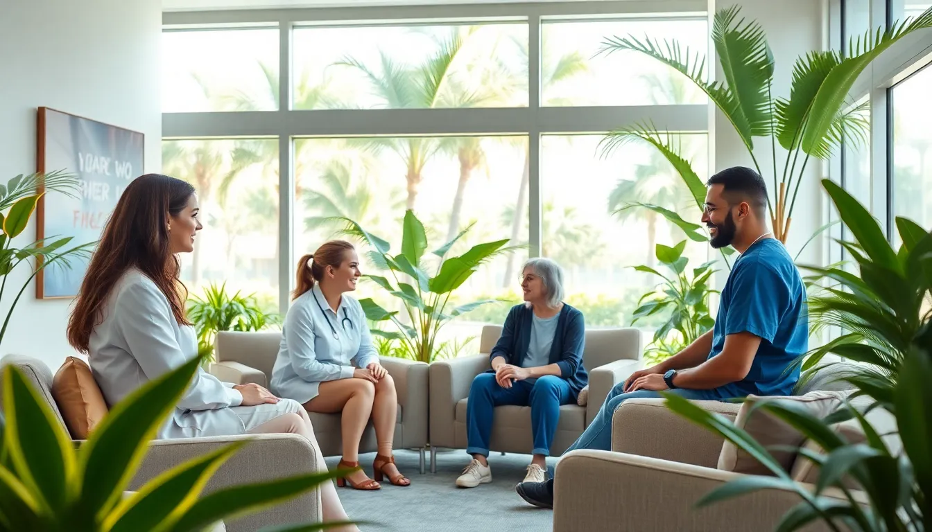 diverse mental health professionals assisting a patient in a sunny therapy room.