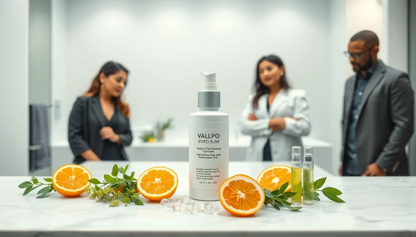 professional team discussing skincare product in a modern bathroom setting.