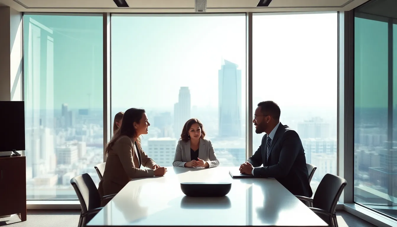 diverse professionals discussing window film in a modern office.