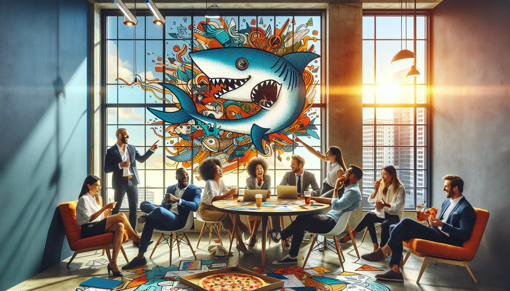 diverse team brainstorming in a creative office with marine-themed artwork.