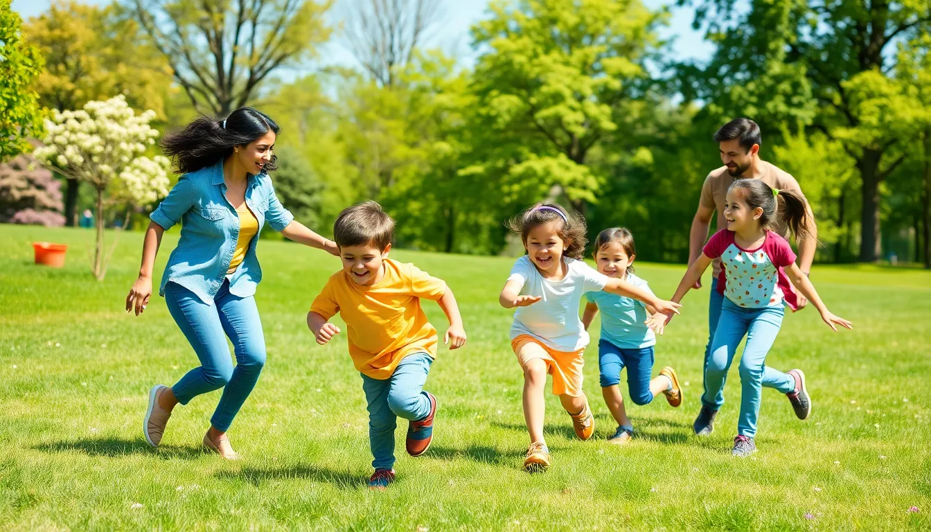 family playing outdoor games in a sunny park.