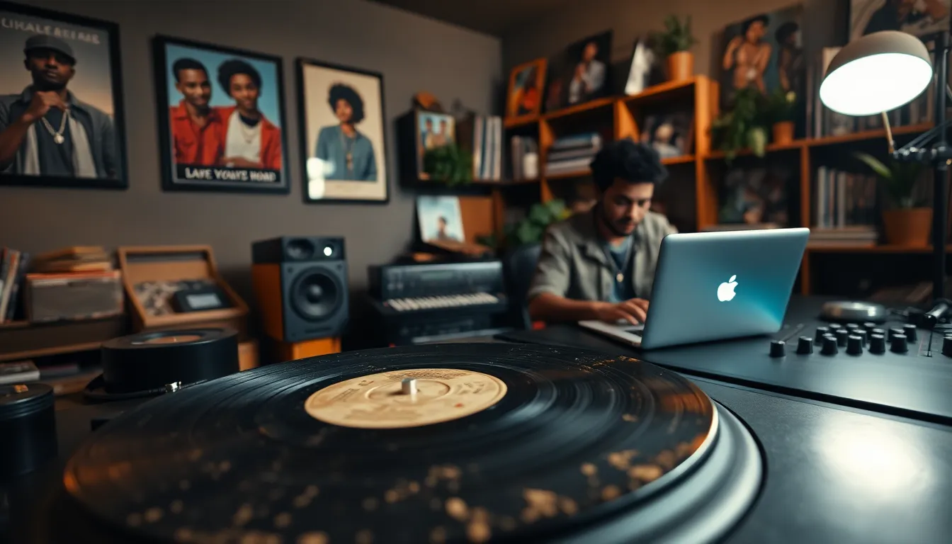 a musician in a cozy studio producing lofi hip hop music.