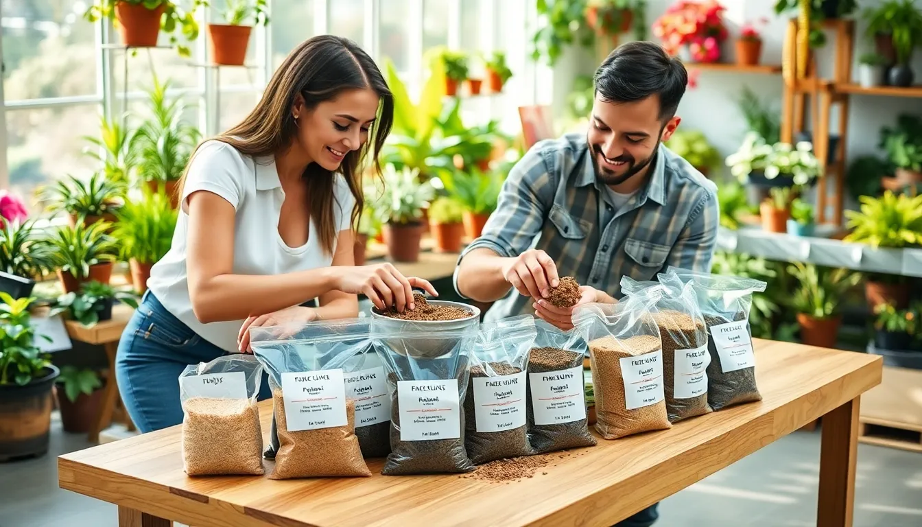 gardeners examining soil samples in a modern garden center.