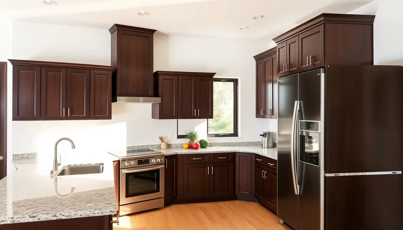 modern kitchen with dark cabinets and bright accents.