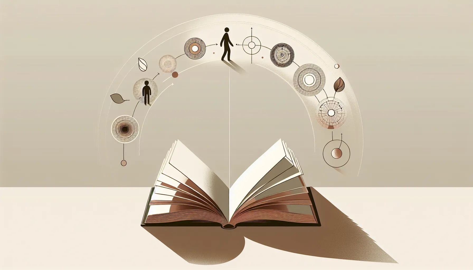 An open book with geometric shapes representing personal growth and development.