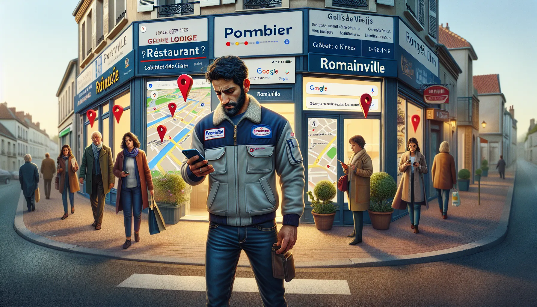 Local business owner in Romainville checking Google search and Maps on his smartphone.