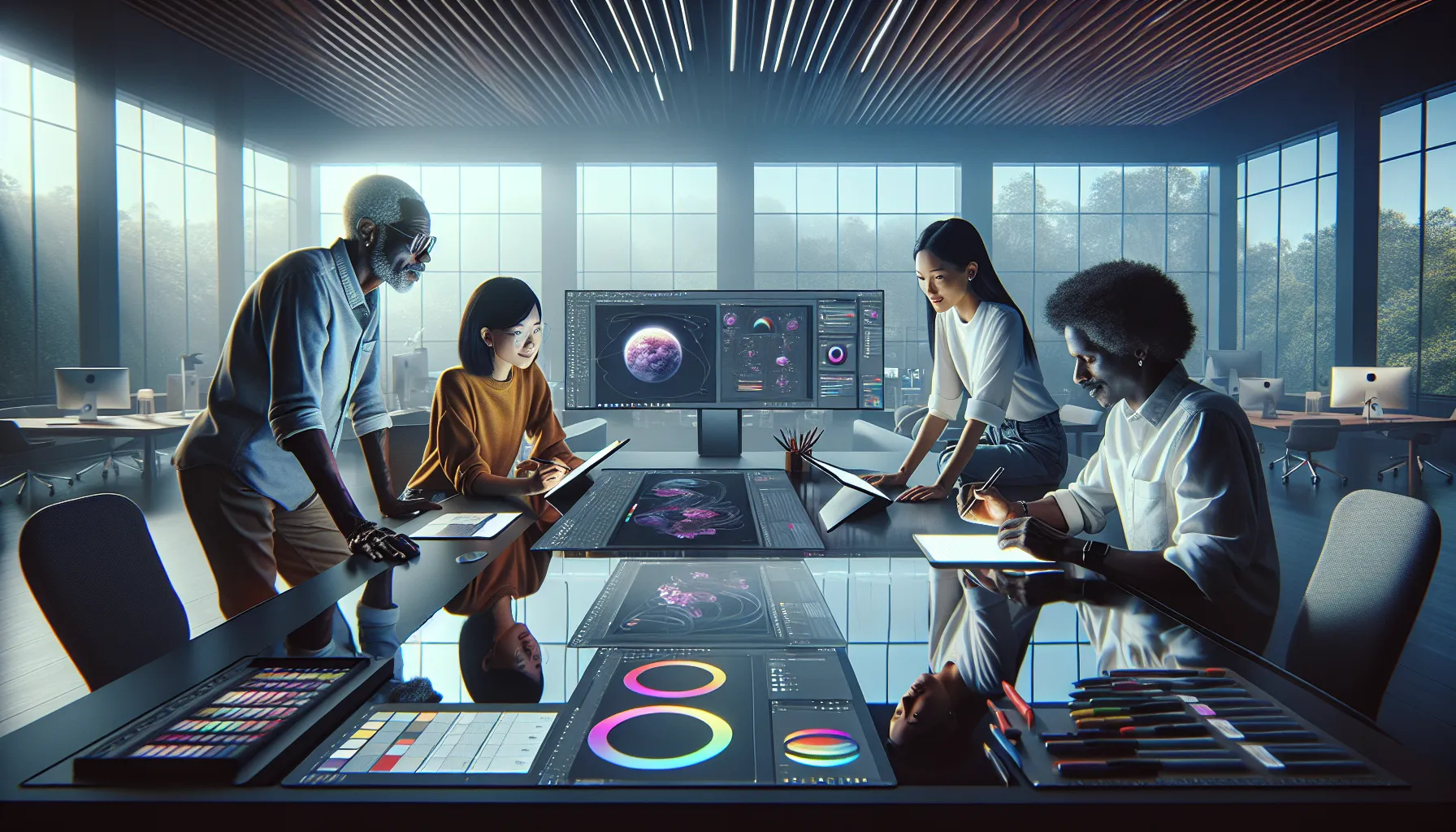 graphic designers collaborating in a modern office using Gfxrobotection software.