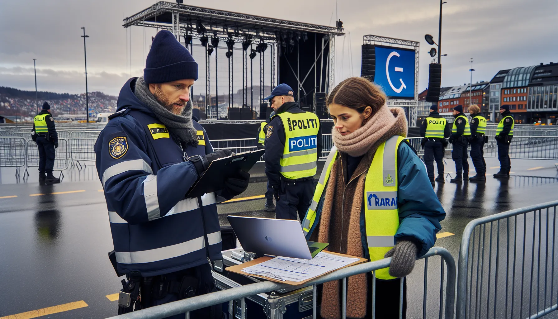 Police and organizer review protest notification near Stortinget as stage is set up.