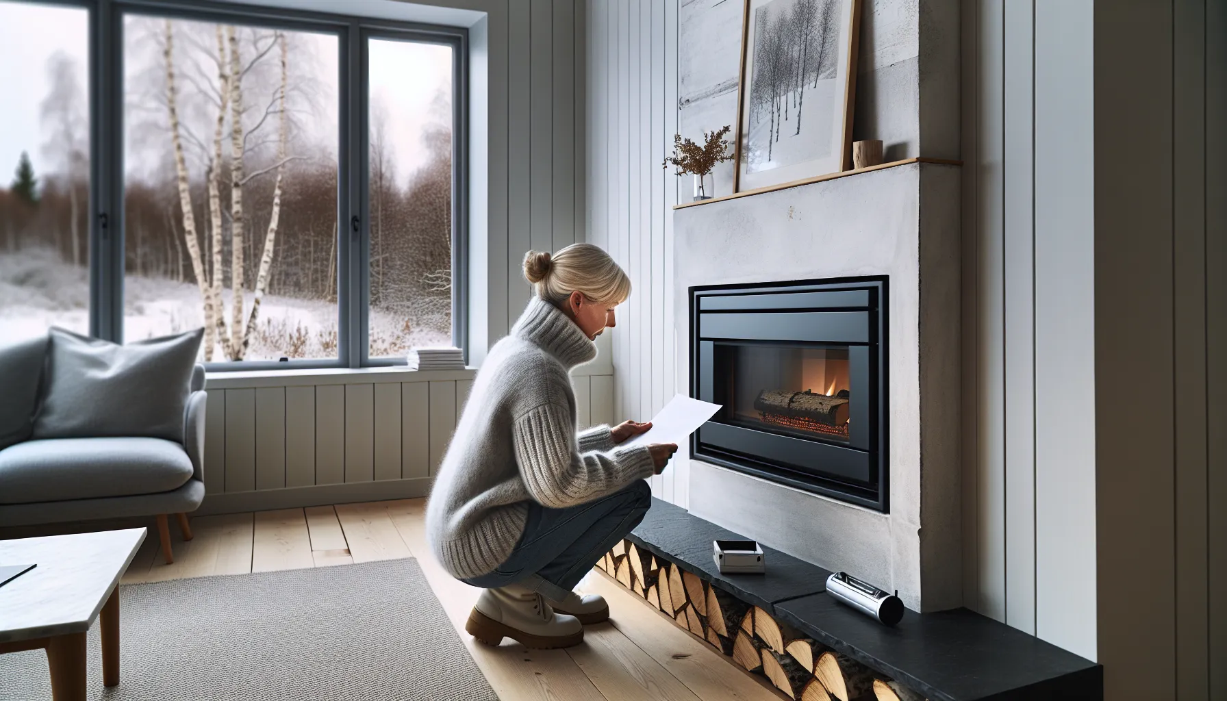 Norwegian homeowner tests fireplace insert gasket with paper, checking stained joints.