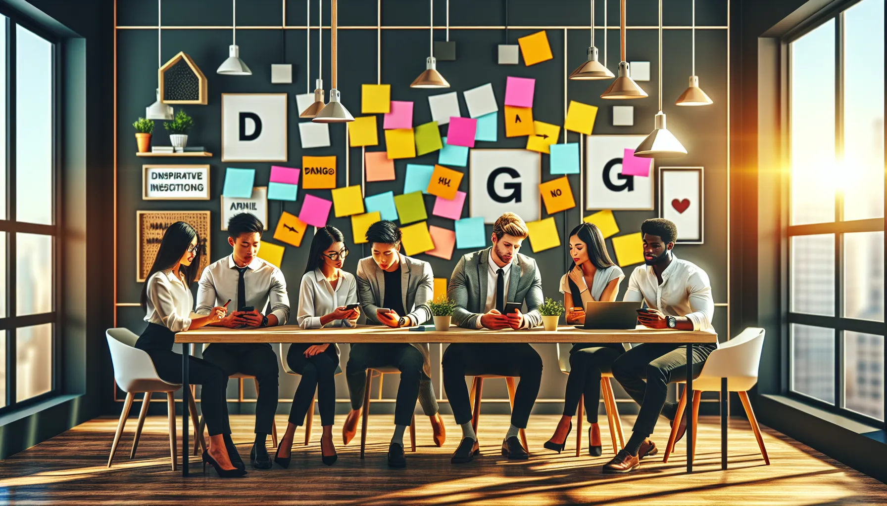 diverse team discussing dating acronyms in a bright office.