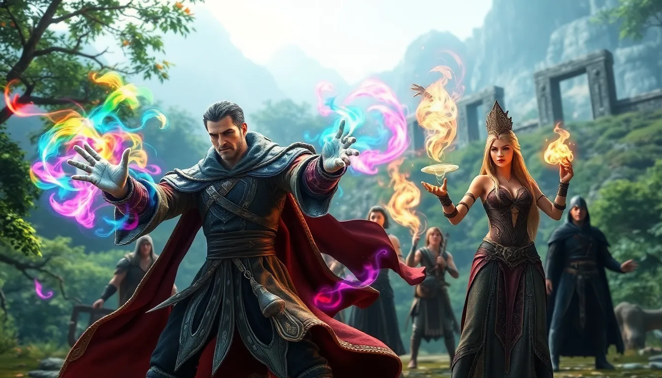 diverse mages casting spells in an enchanted forest.