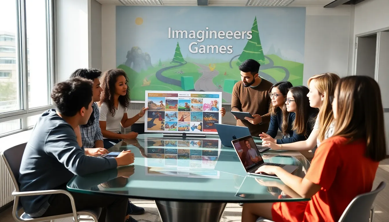 diverse group collaborating on creative video game designs in a modern office.