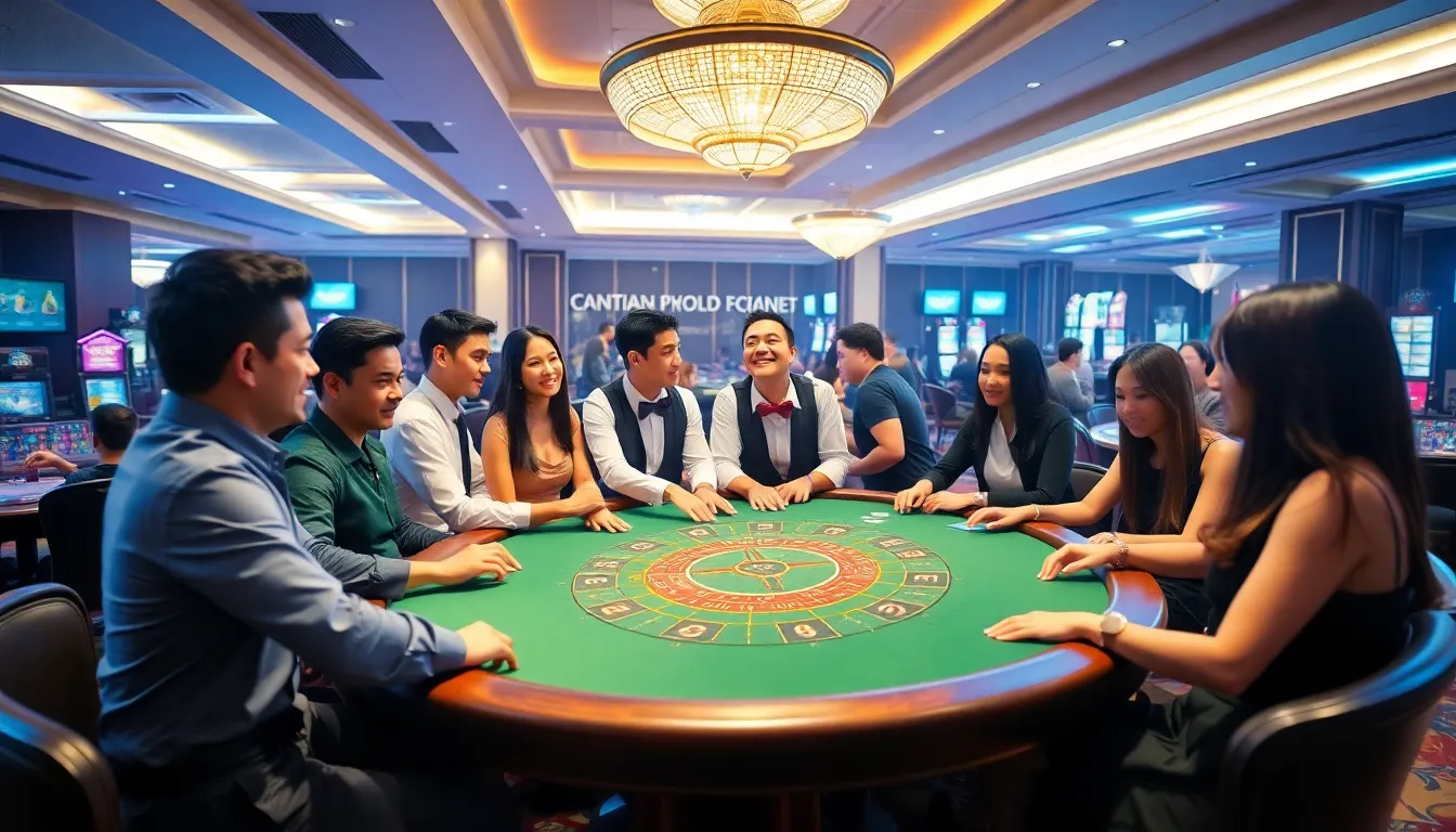 diverse players enjoying a lively casino table atmosphere.
