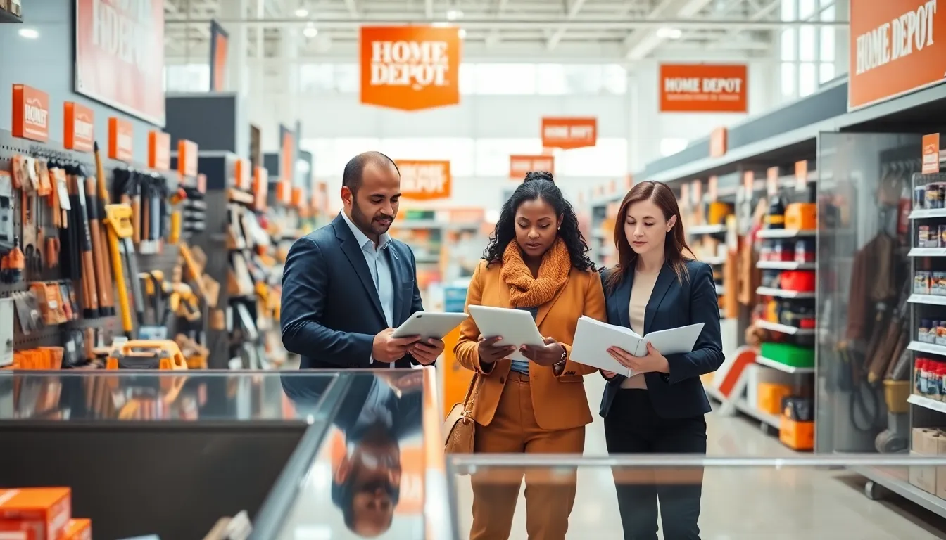 professionals discussing theft prevention in a modern Home Depot store.