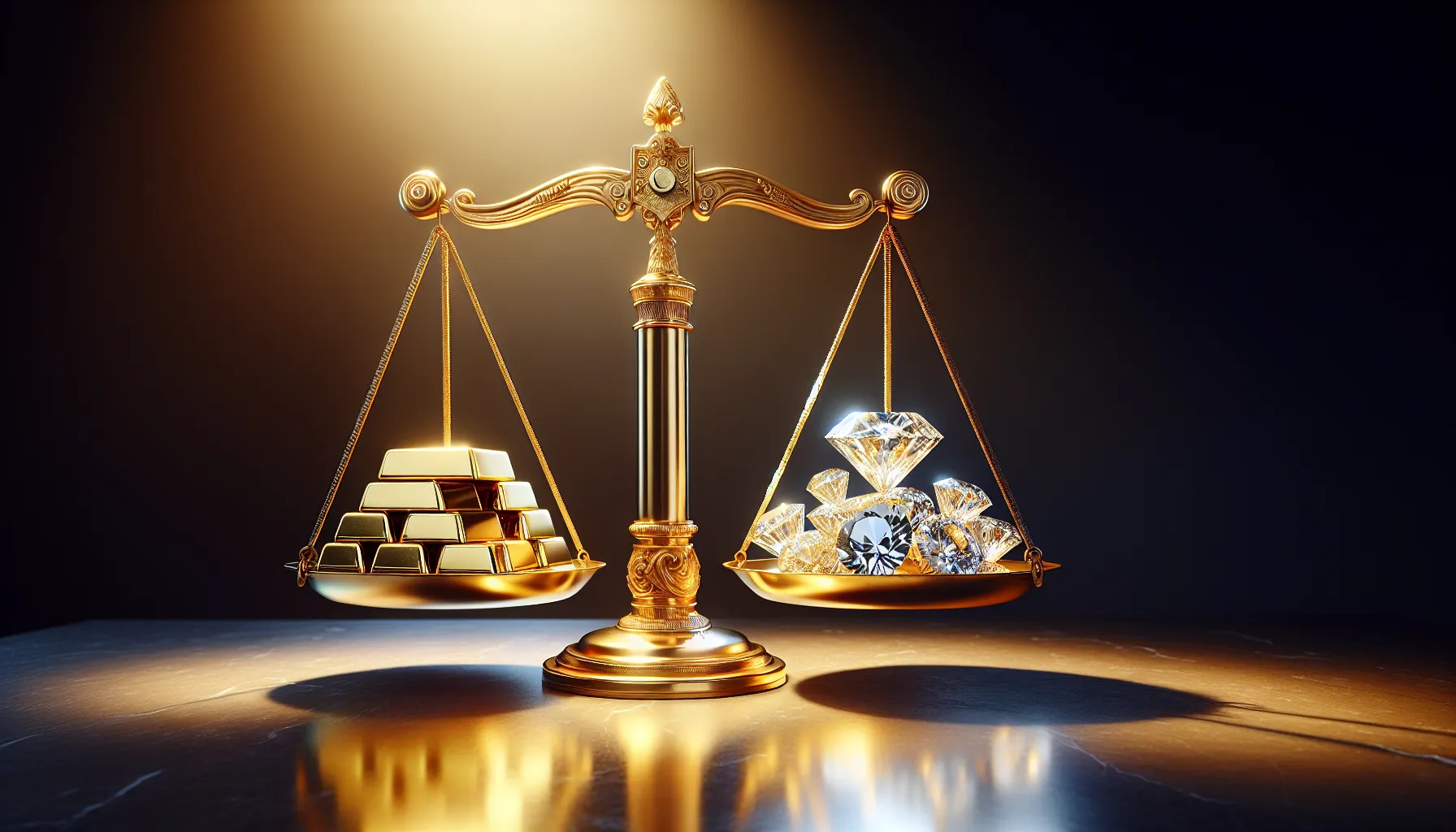 A balanced scale displaying gold bars and diamonds symbolizing their comparative value.
