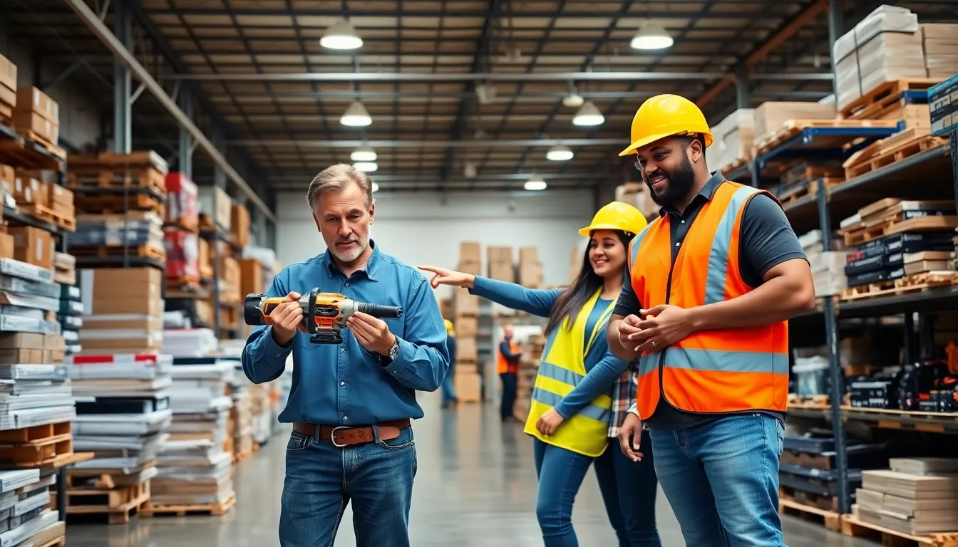 A diverse group in a hardware warehouse showcasing tools and materials.