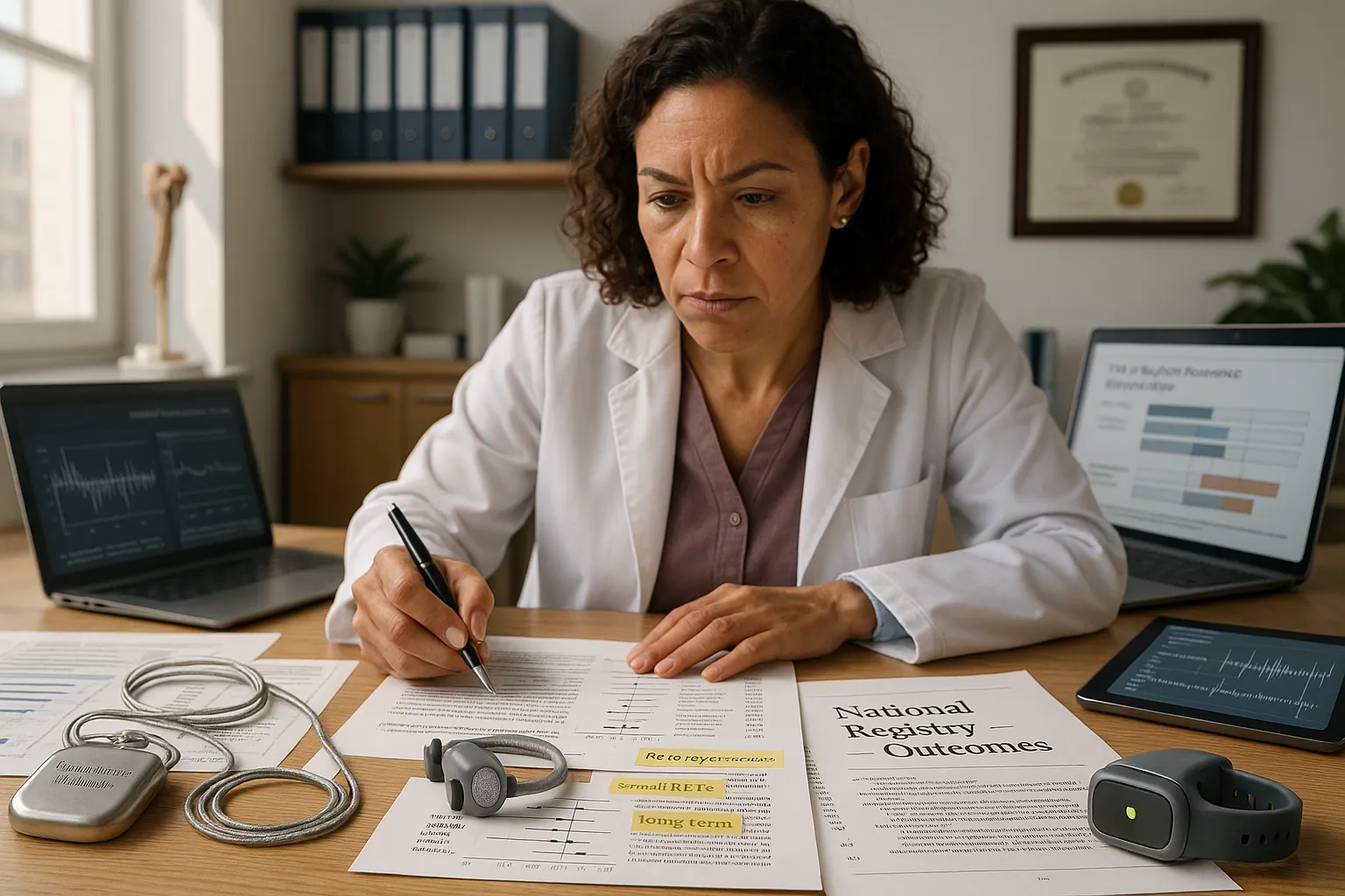 Researcher comparing VNS implant and rhythmic-resonance devices with trial charts.