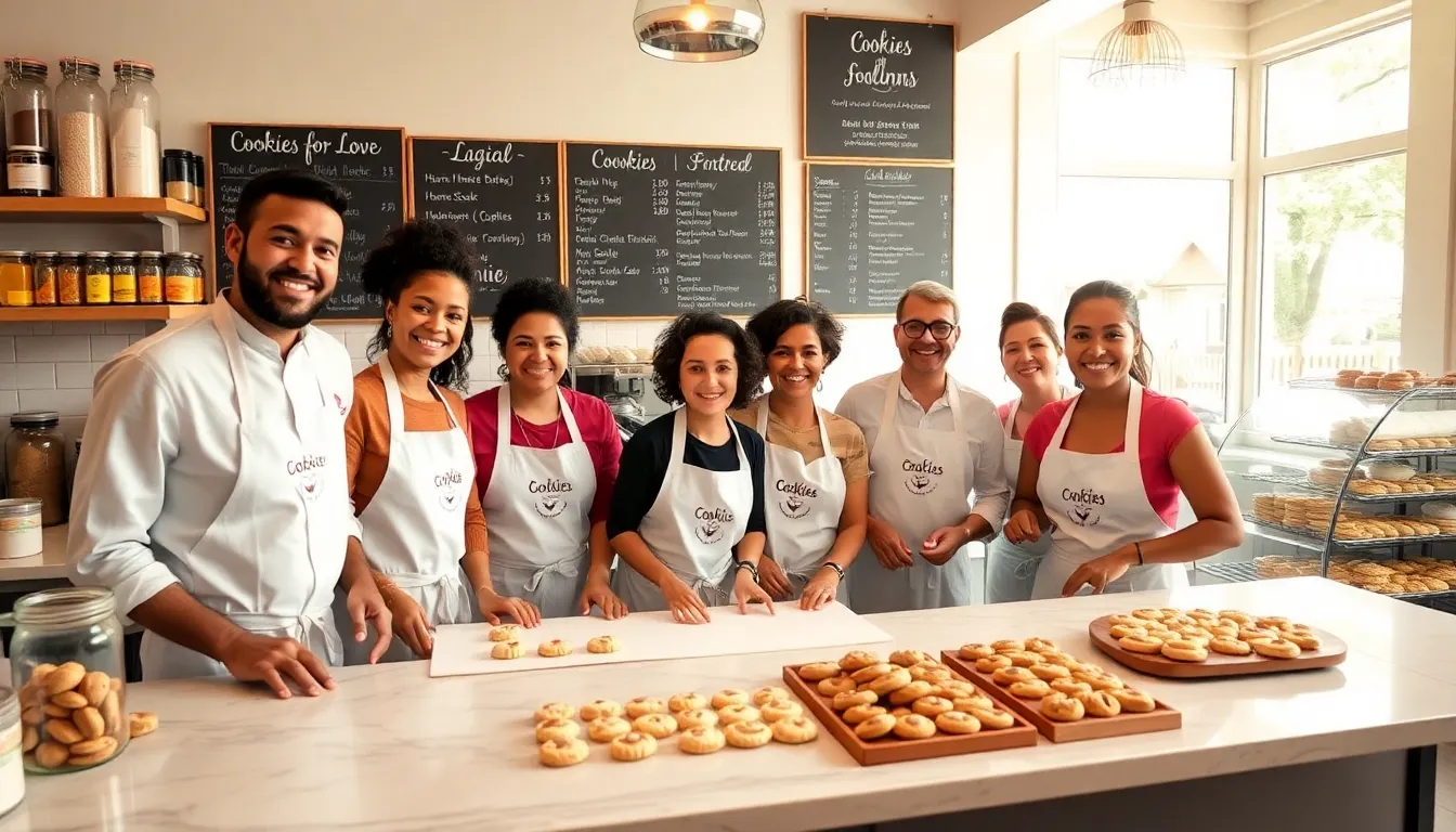 diverse bakers preparing cookies in a warm, inviting bakery.