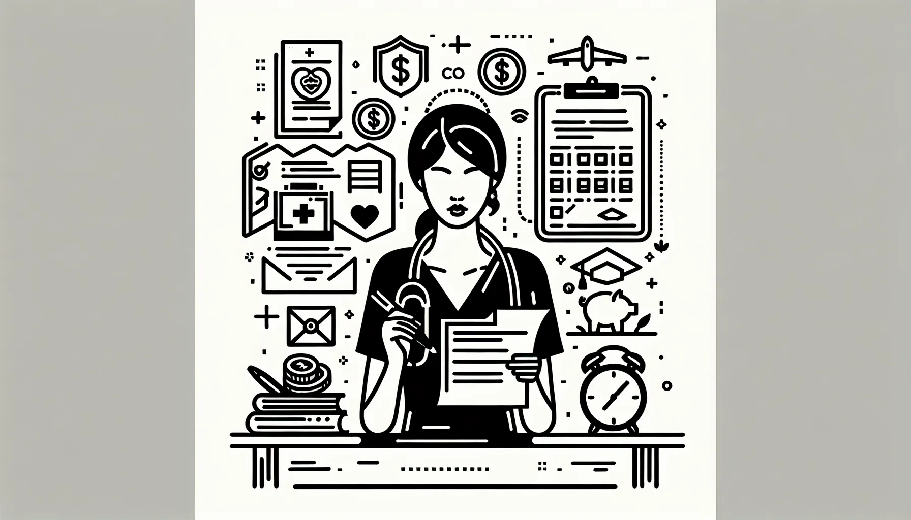 Veterinarian reviewing a contract with icons for benefits, schedule, and Arkansas.