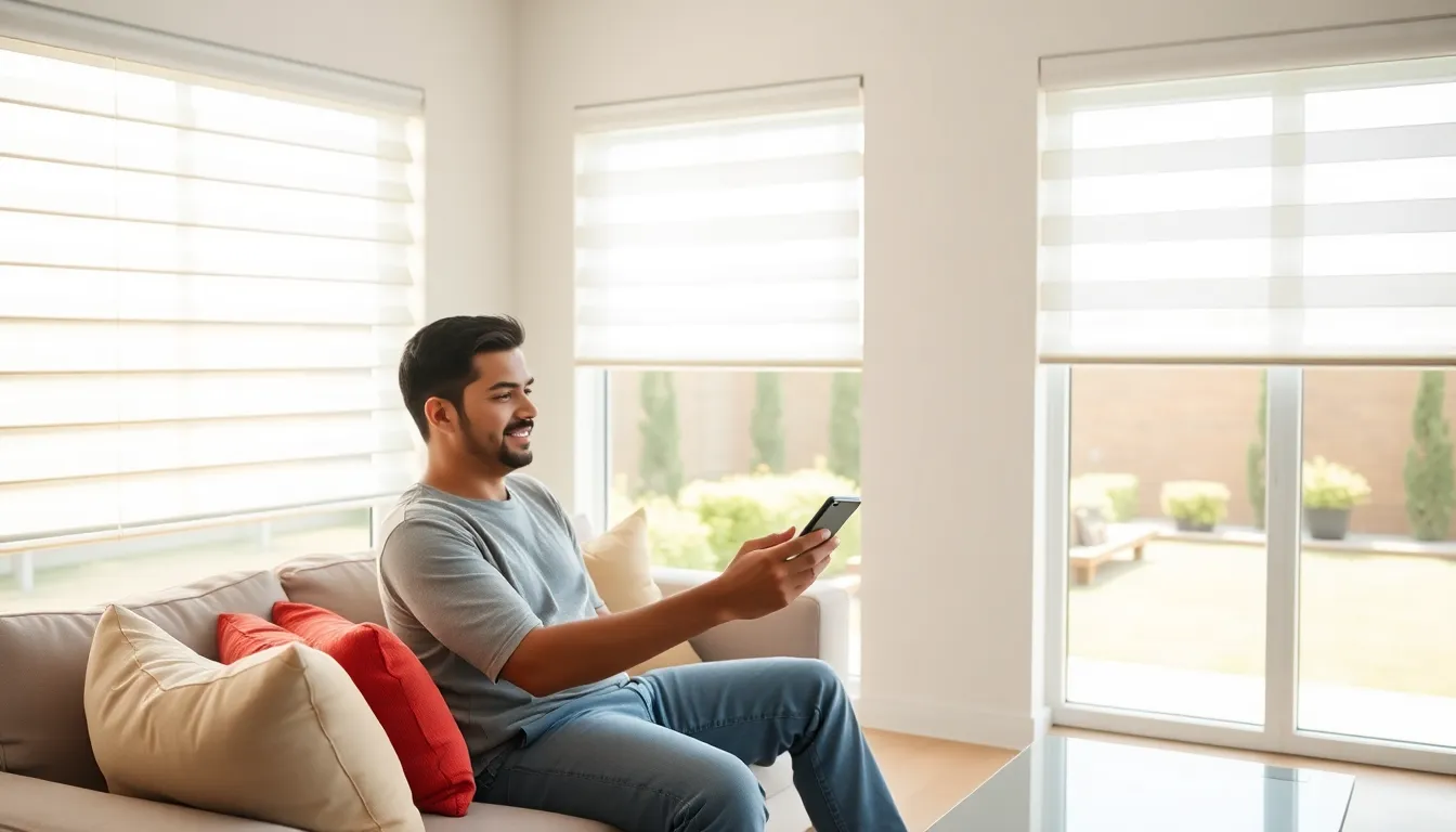 A man using a smartphone to control smart blinds in a modern living room.
