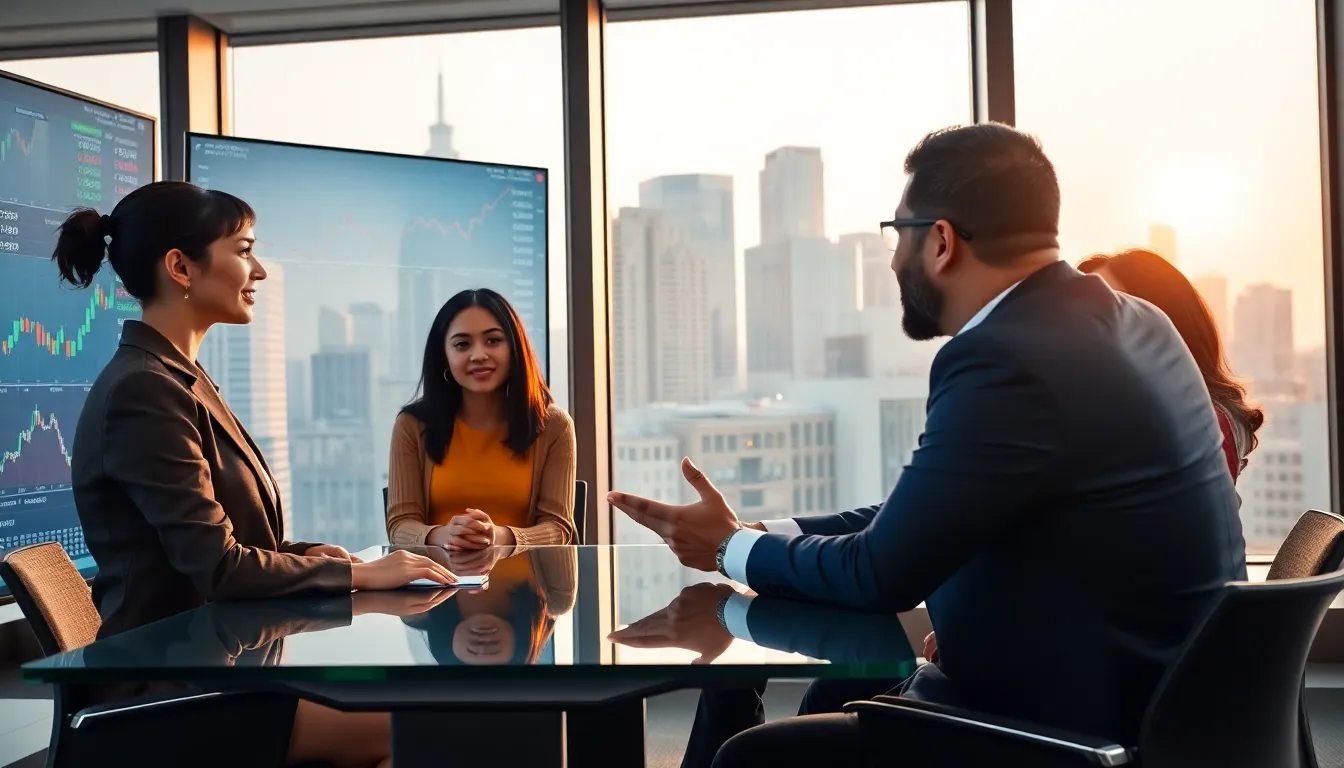 A financial advisor discussing Bitcoin Bitclassic with young investors in a modern office.