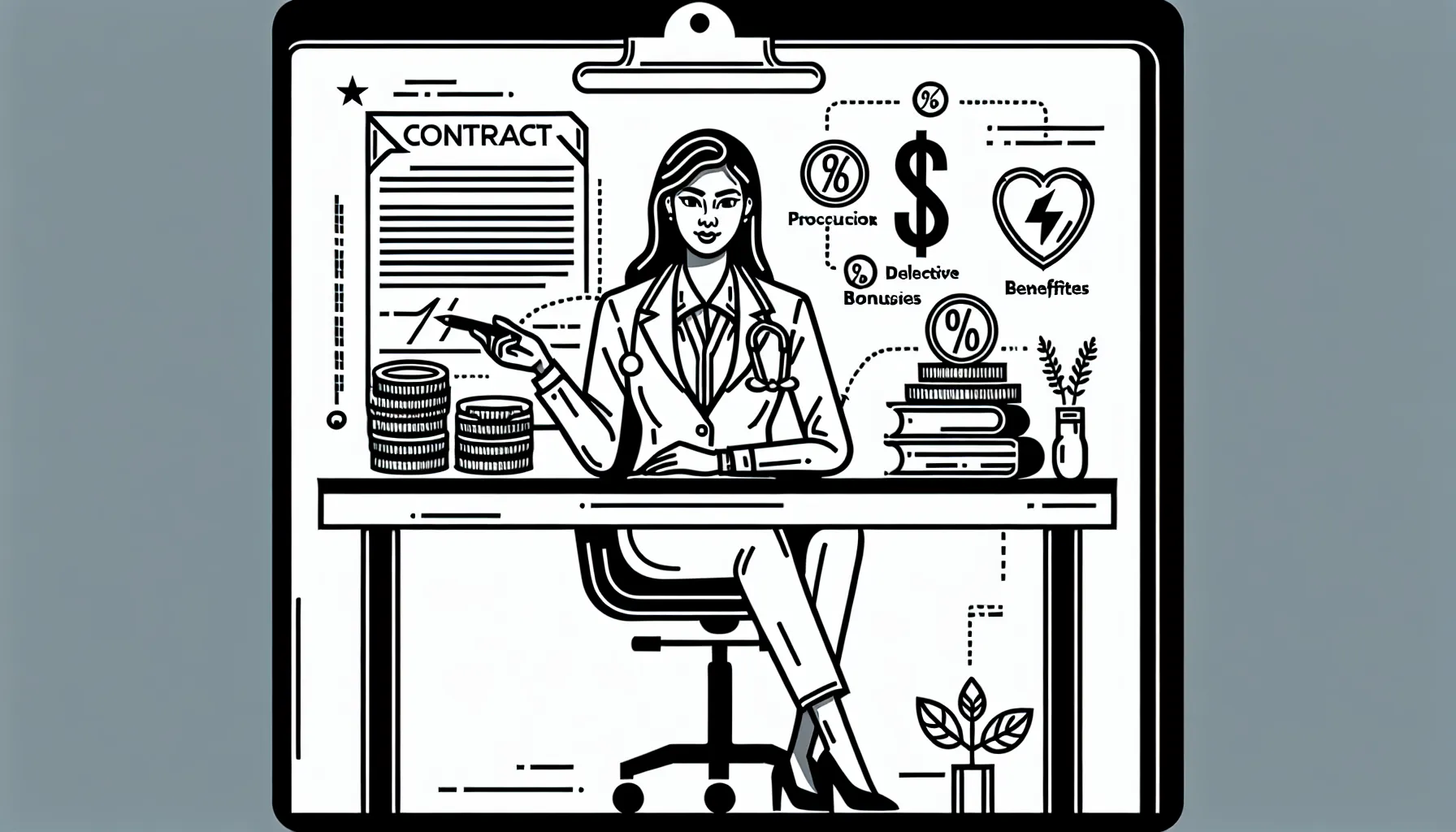 Veterinarian reviewing employment contract with compensation icons and North Dakota outline.