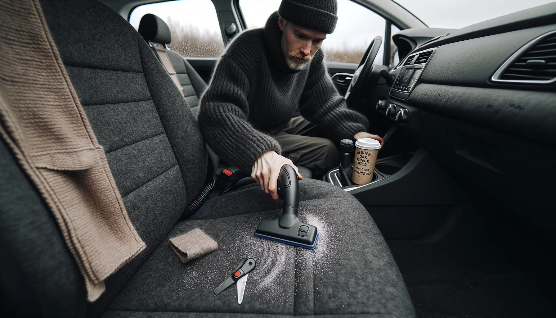 Slik holder du bilens tekstilinteriør rent og flekkfritt 1 Close-up of vacuuming a car’s textile seat, removing salt and grit.