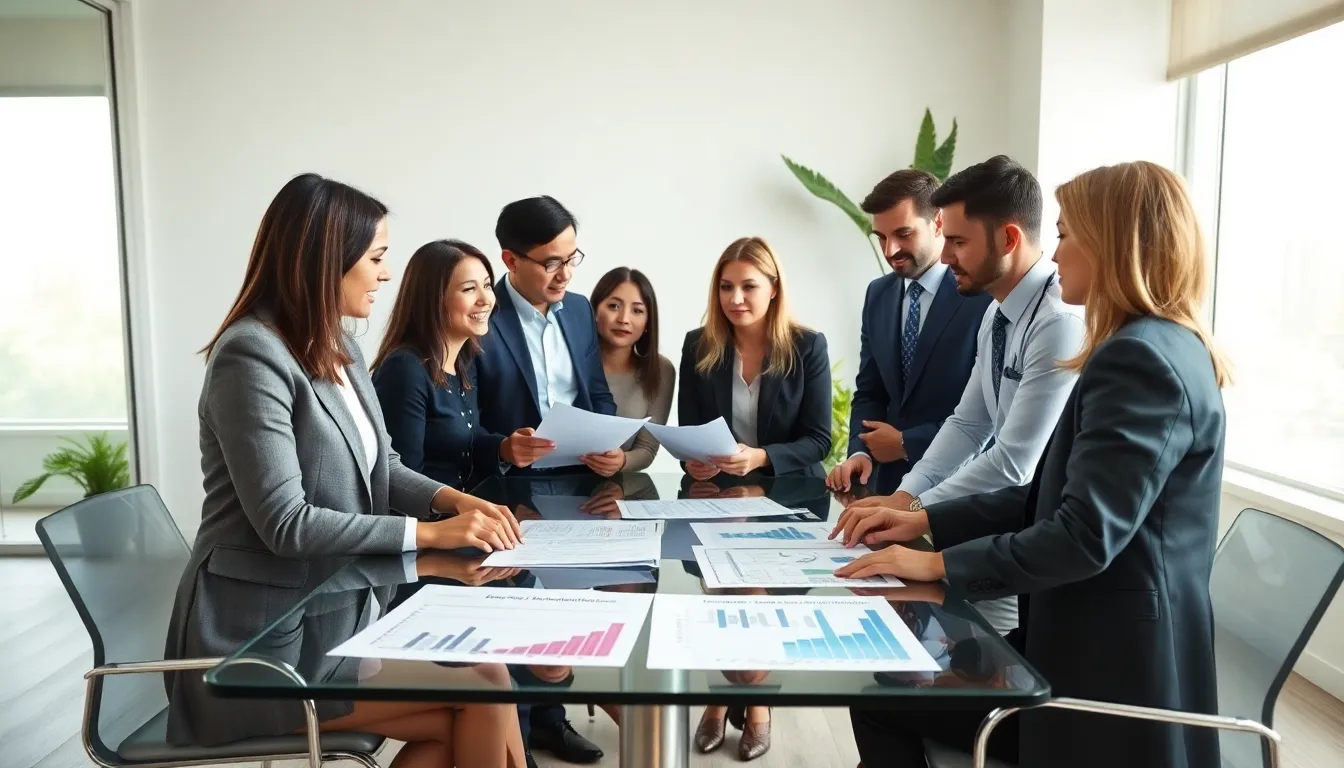 diverse financial advisors discussing tax obligations in a modern office.