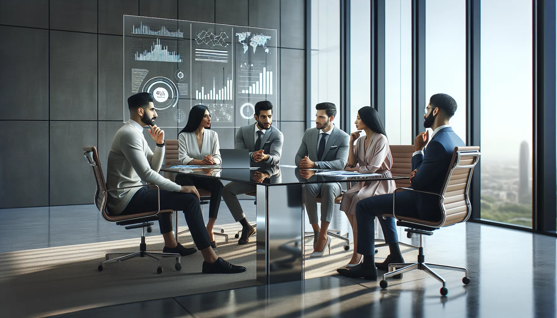 diverse team discussing data in a modern office.
