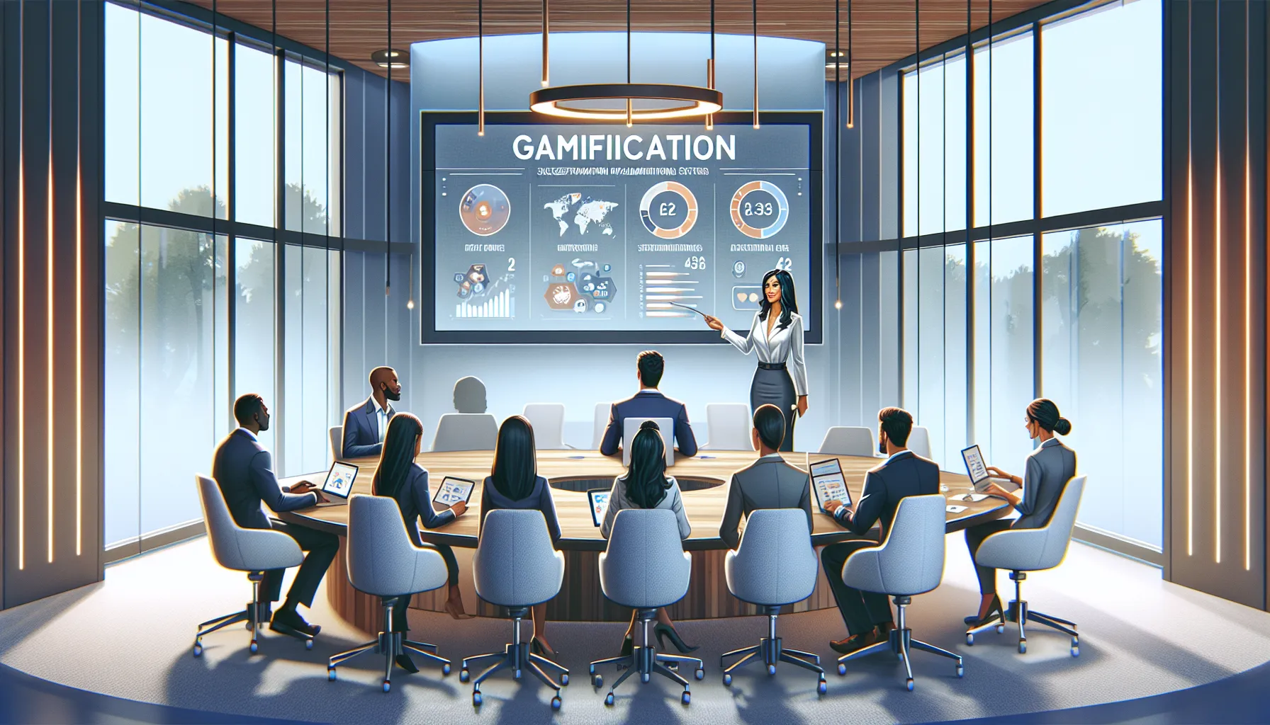 professionals discussing gamification success stories in a modern conference room.