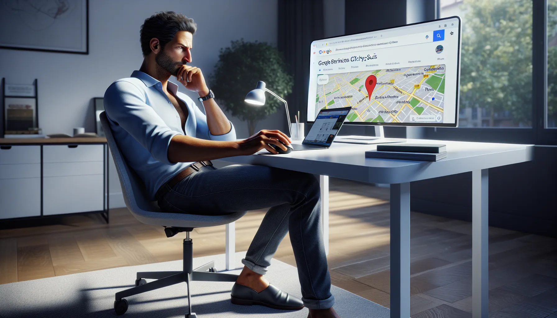 Local business owner in Clichy-sous-Bois studying Google search results on a laptop.