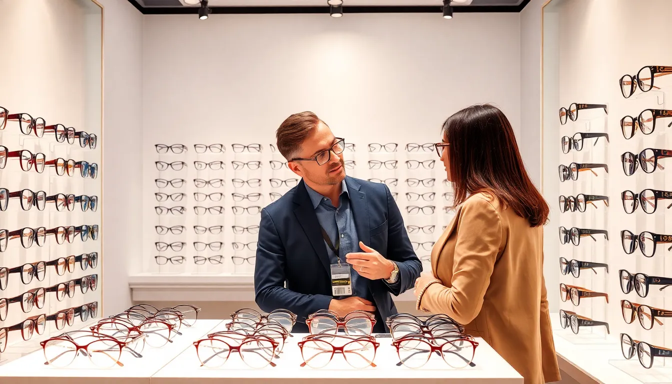 showcase of diverse eyeglasses in a modern retail setting.