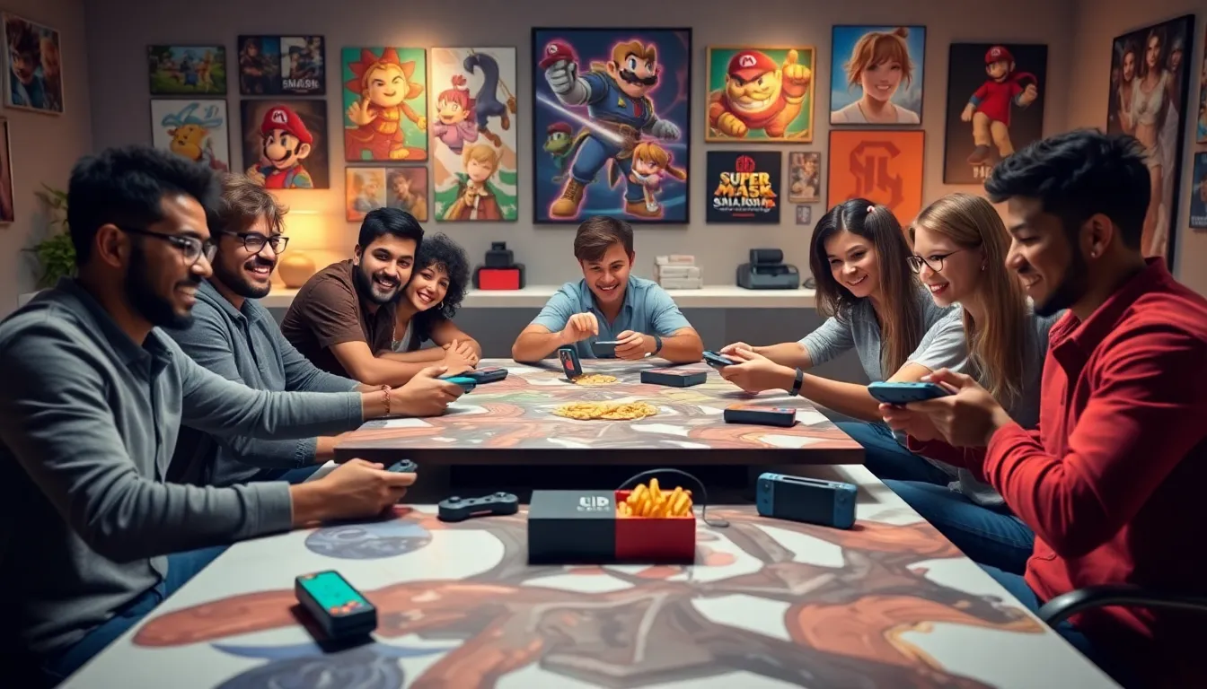 diverse group of gamers excitedly playing Super Smash Bros Ultimate.