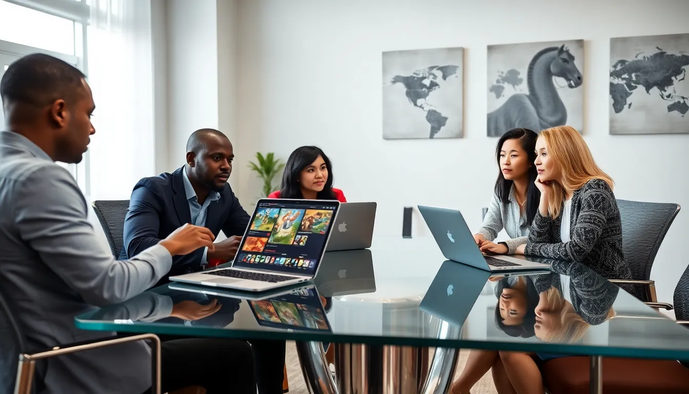 diverse team discussing Age of Empires strategy in a modern office.