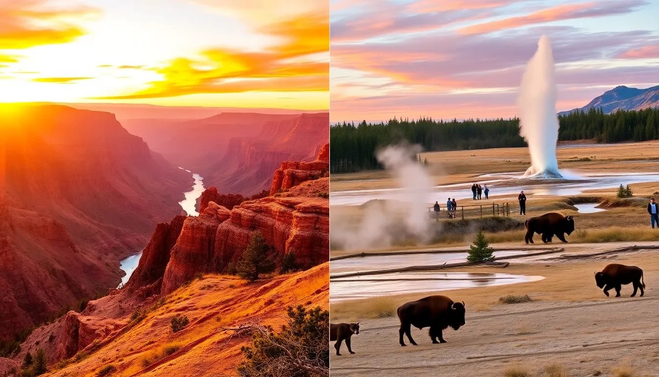 Grand Canyon and Yellowstone National Park showcasing natural wonders.