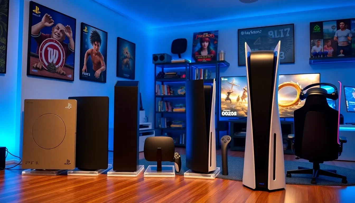 a gaming room showcasing the evolution of PlayStation consoles.