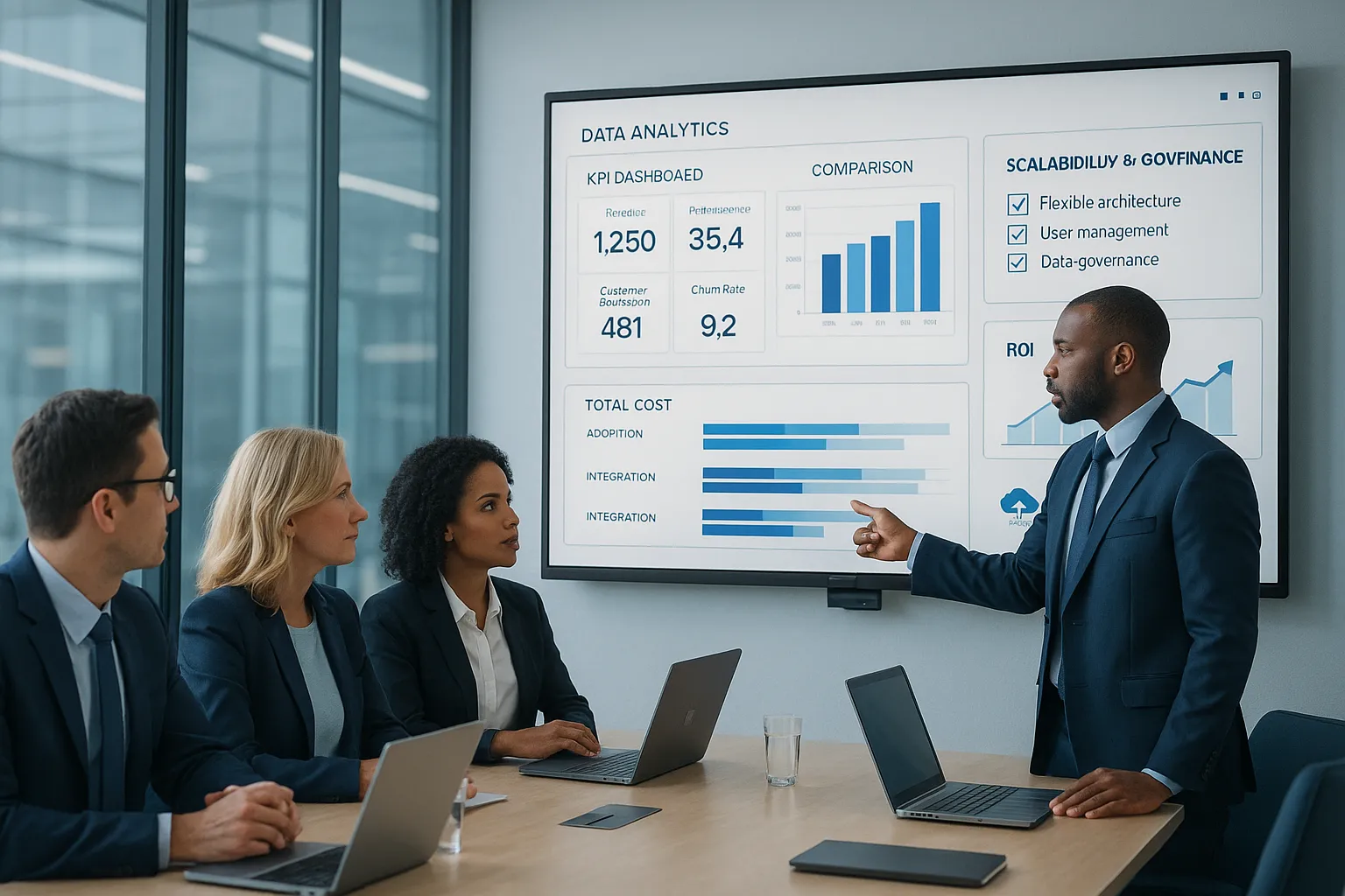 Business team reviewing analytics software dashboards and evaluation criteria in a conference room.