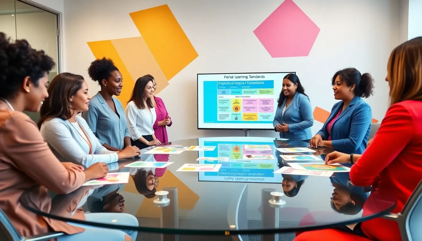 diverse educators collaborating on Florida Early Learning Standards in a modern setting.