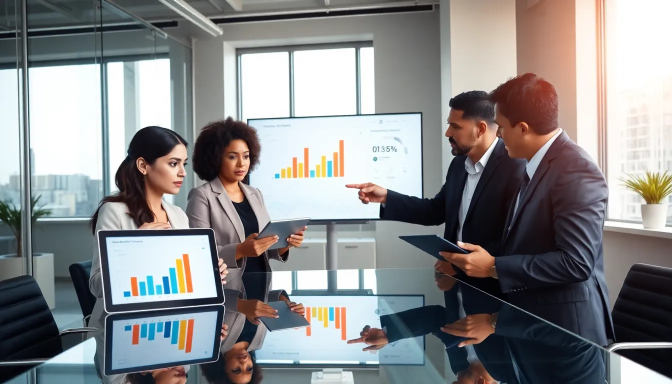 diverse team analyzing data metrics in a modern office