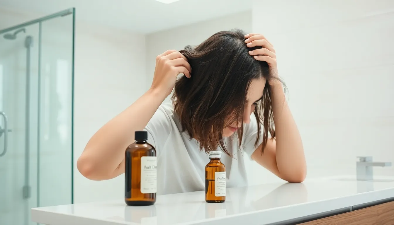 person removing tree sap from hair in a modern bathroom.