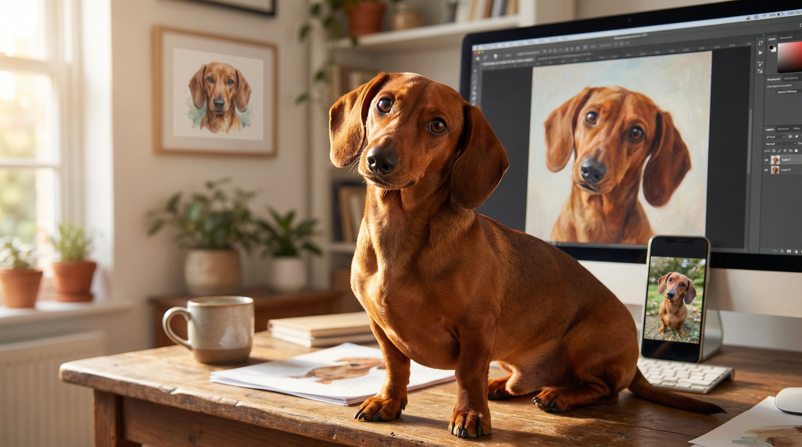 A dachshund sitting on a desk with its AI-generated portrait on a monitor behind it.