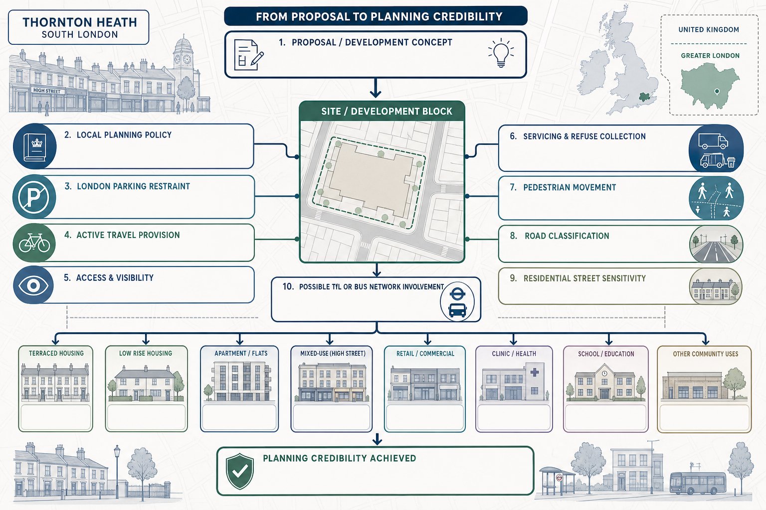 Infographic of planning, parking, access and servicing factors for Thornton Heath developments.
